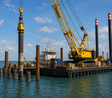 Marine construction vessel supporting offshore and coastal infrastructure projects