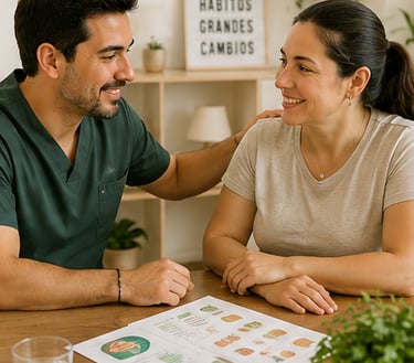 Nutriólogo infundiéndole ánimos a su paciente para que continúe logrando sus objetivos 