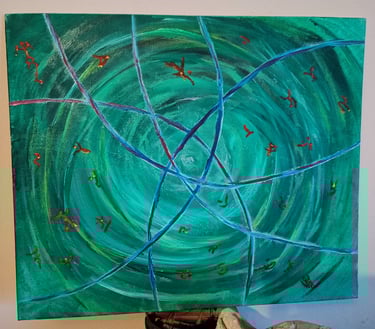 Oil painting on canvas. Cosmic portal with symbols that speak beyond words