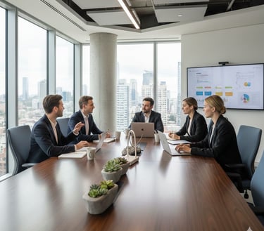 Professional business team having a corporate meeting in a modern skyscraper boardroom with city views.