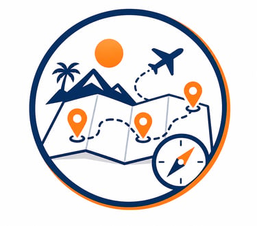 Travel planning icon with a map, airplane, compass, and mountain for vacation trip navigation.