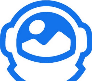 a blue and white logo with a picture of a man in a helmet