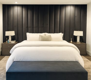 Modern bedroom with full-wall panels and a bench at the foot of a California king bed by Solo Home Decor