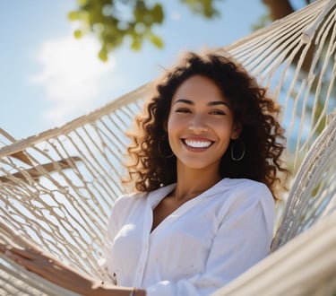 woman in blue crew-neck T-shirt laying on black hammock