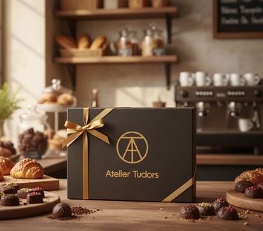 Boite noir de chocolats avec logo or et rubans or