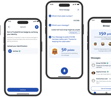 Series of phones showing different screens of the Blinker app.