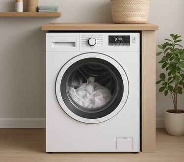 Blomberg front-load dryer in a modern laundry room with shelves and a potted plant.