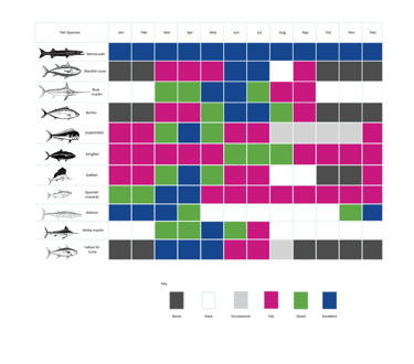 Fishing Calendar (offshore) - Displays  the likelihood of catching certain fish species in each month of the year in Nassau
