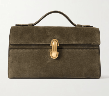 Elegant olive suede handbag with gold-tone clasp and top handle.