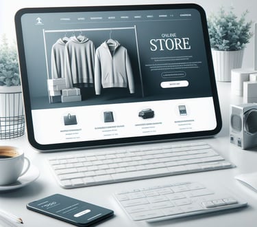 a laptop computer screen displaying a storefront page with a laptop and a cup of