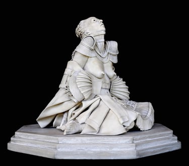 Ceramic sculpture of fallen nude woman pleading upward, with flowing robe, shells, samurai skirt, shoulder armor, neck brace.