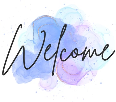 Elegant welcome sign with cursive script over blue and purple watercolor alcohol ink art.