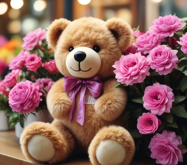 oso de peluche café con un moño morado, sentado entre un ramo de rosas rosas.