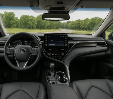 Interior do Toyota Camry 2025 com painel moderno e acabamento premium.