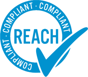 Blue REACH compliant certification seal with a checkmark and circular text for regulatory safety standards.