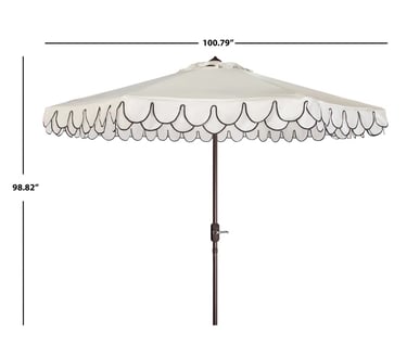 Cream scalloped outdoor patio umbrella with black trim showing dimensions for garden shade furniture.