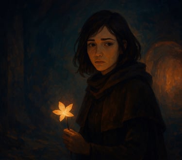 a woman holding a flower in a dark room