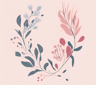 Watercolour image of a wreath with green leaves on one side and pink leaves on another