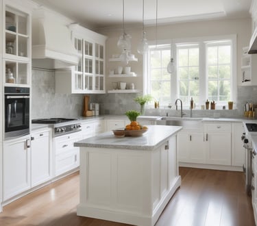a kitchen with a bowl of fruit on the counter