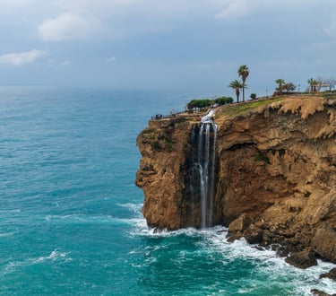 Lower Duden Waterfall flows into the Mediterranean Sea in Antalya, Turkey