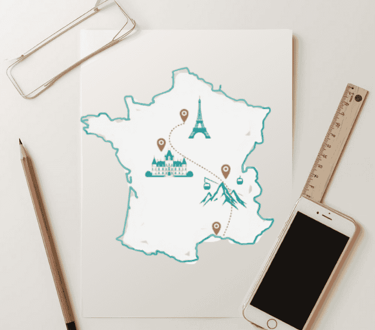 France map with Eiffel Tower and château icons, dotted route from Paris to the Loire.
