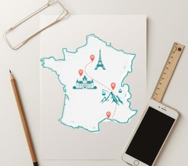France map with Eiffel Tower and château icons, dotted route from Paris to the Loire.
