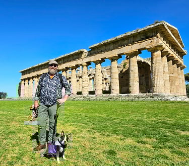 Danny and Yoki in front of the Temple, Paestum.