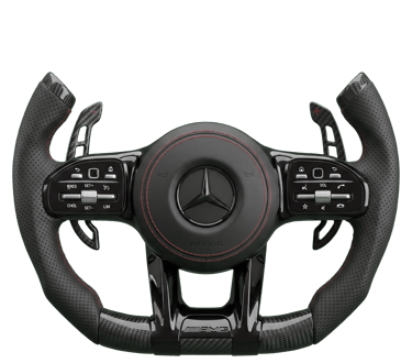 Custom Mercedes AMG carbon fiber steering wheel with black leather and red stitching.