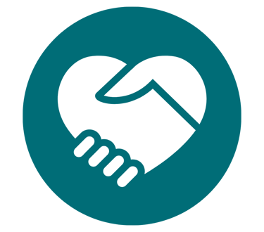 A circular teal icon with a stylised image of two clasped hands in the shape of a heart