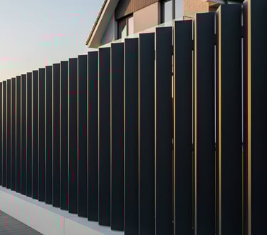 Cerramiento metálico modelo Vértice con lamas verticales en forma de V y diseño contemporáneo.