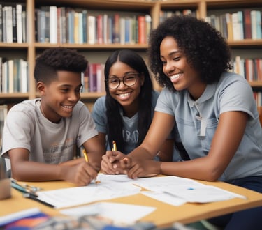 A caring mentor helping a foster youth with homework in a cozy, welcoming setting.