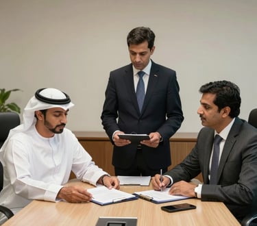 Professional business partners in traditional and formal attire signing a contract in a Dubai office.