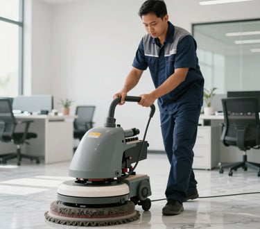 A South East Asian / Indonesian cleaning professional in a modern navy blue and gray uniform using an industrial floor polisher on a marble floor in a bright, modern office space. The lighting is natural and clean.