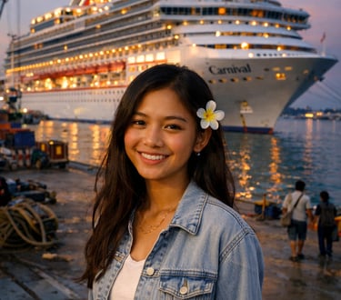 A cruise ship crewmember pose in front of a lit Carnival cruise ship at night.