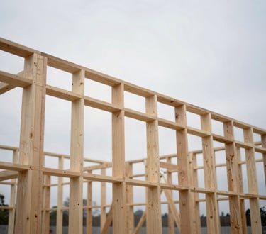 Close-up of mass-timber construction framework, crisp overcast daylight, desaturated cool tones, wide-angle tilt-shift lens, 35mm