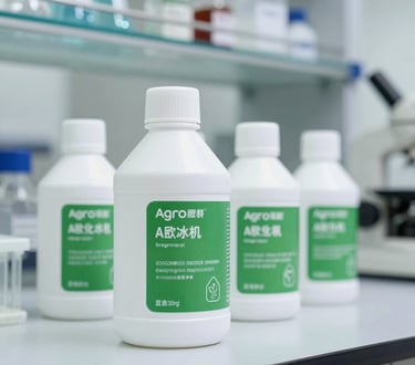 Rows of chemical containers with green labels symbolizing agrochemical products in a warehouse.