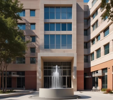 Fuente de agua purificada con un hospital de fondo