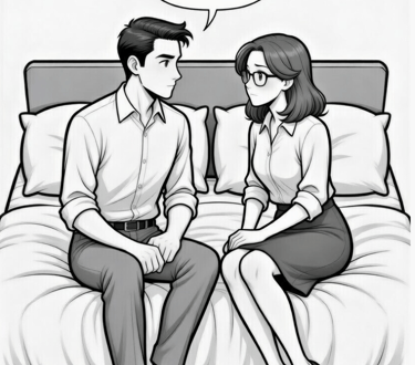 a mele asking female cartoon what are your boundaries? Clothed sitting on edge of bed.  and female