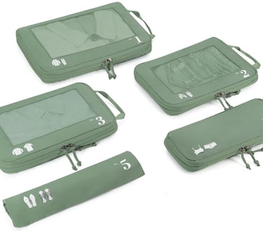 Set of five sage green travel packing cubes with mesh panels for organized suitcase storage.
