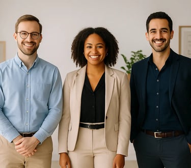three people standing in a room with a table and chairs
