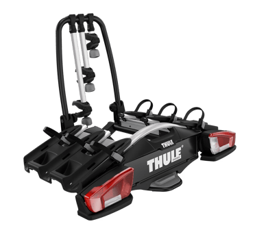Thule three-bike towbar rack with secure frame holders and LED lighting.