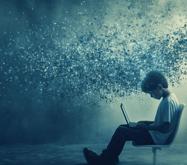 a man sitting on a chair with a laptop computer