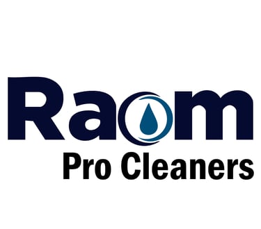 Raom Pro Cleaners professional cleaning services logo with blue water droplet icon.