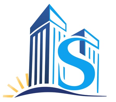 Blue real estate logo featuring modern skyscrapers with a large letter S and sunburst.