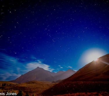 McGee Creek, near Mammoth Lakes, view of the setting moon with Nevahbe Ridgege in the background
