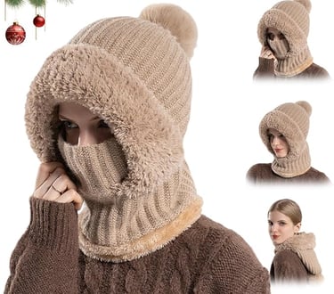 a woman wearing a knitted hat and a scarf