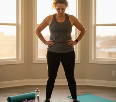 a woman standing on a yoga mat with her hands on her hips