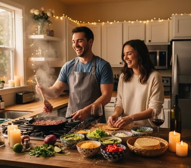 a man and woman cooking food in a kitchen