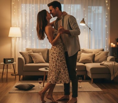 a man and woman dancing in a living room