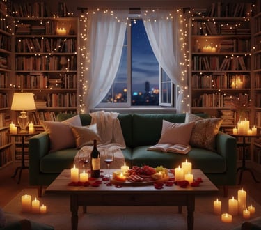 a living room with candles and candles on a table